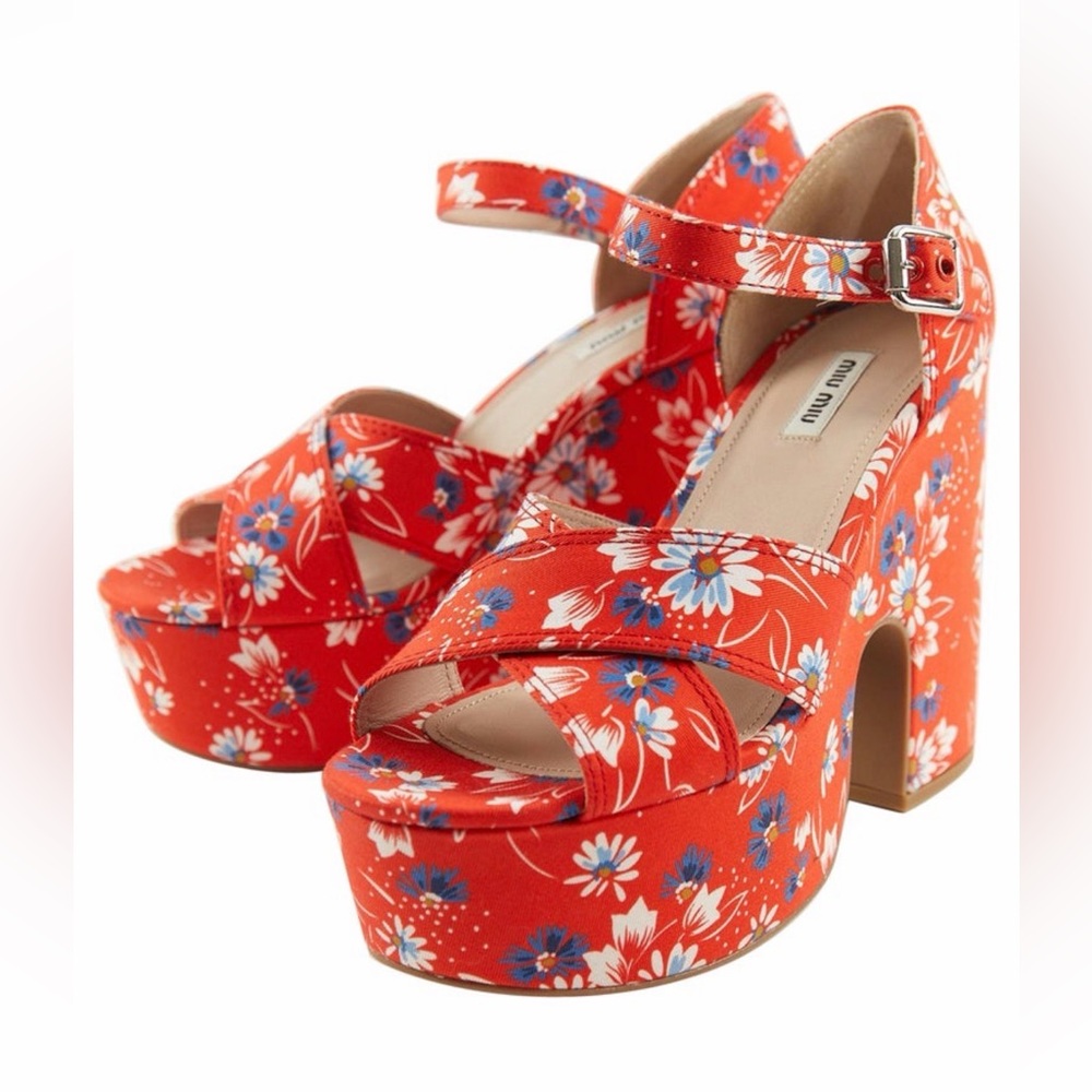 Miu Miu Red Daisy Print Twill Bouquet Platform sandals size 8.5
